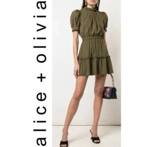 Alice + Olivia Vida Olive Green Puff Sleeve Mock Neck Mini Dress Sz 0 Romantic